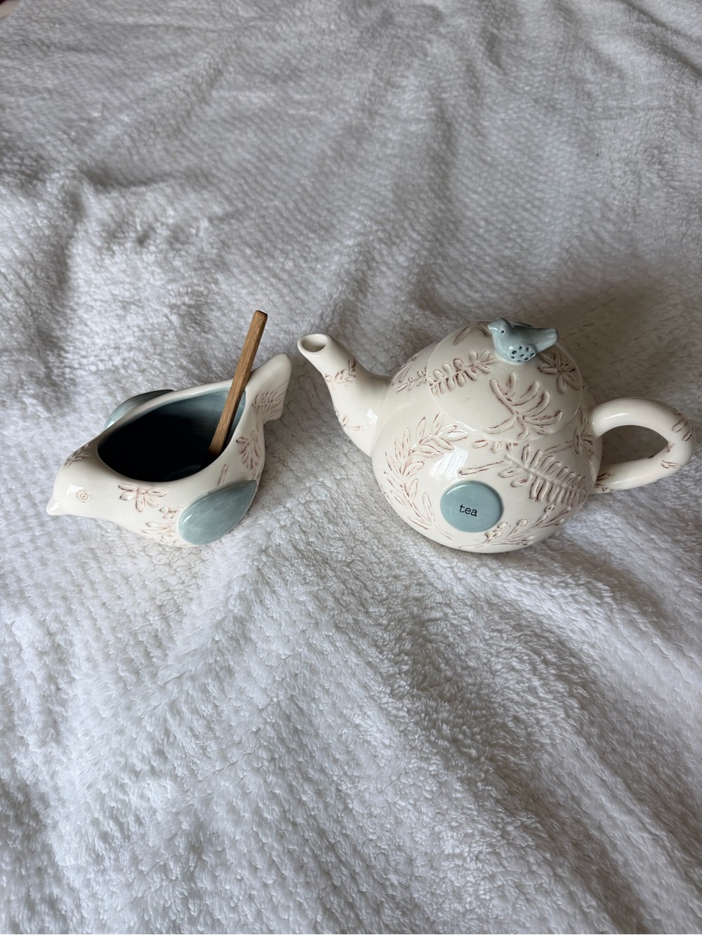 Mud Pie Cream Ceramic Teapot and Sugar Set with Light Blue Accents